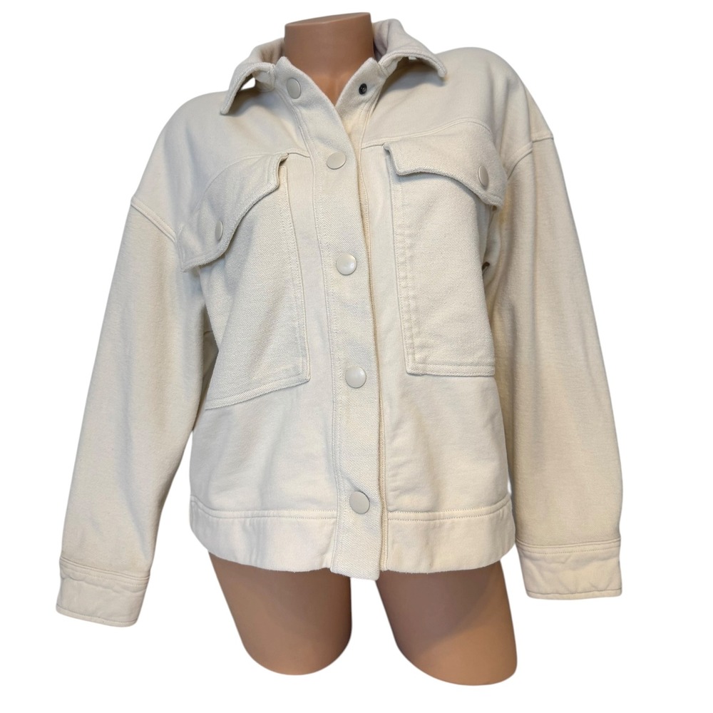 Aerie Womens SMALL Cream Fleece Oversized Shacket Utility Jacket Button Front